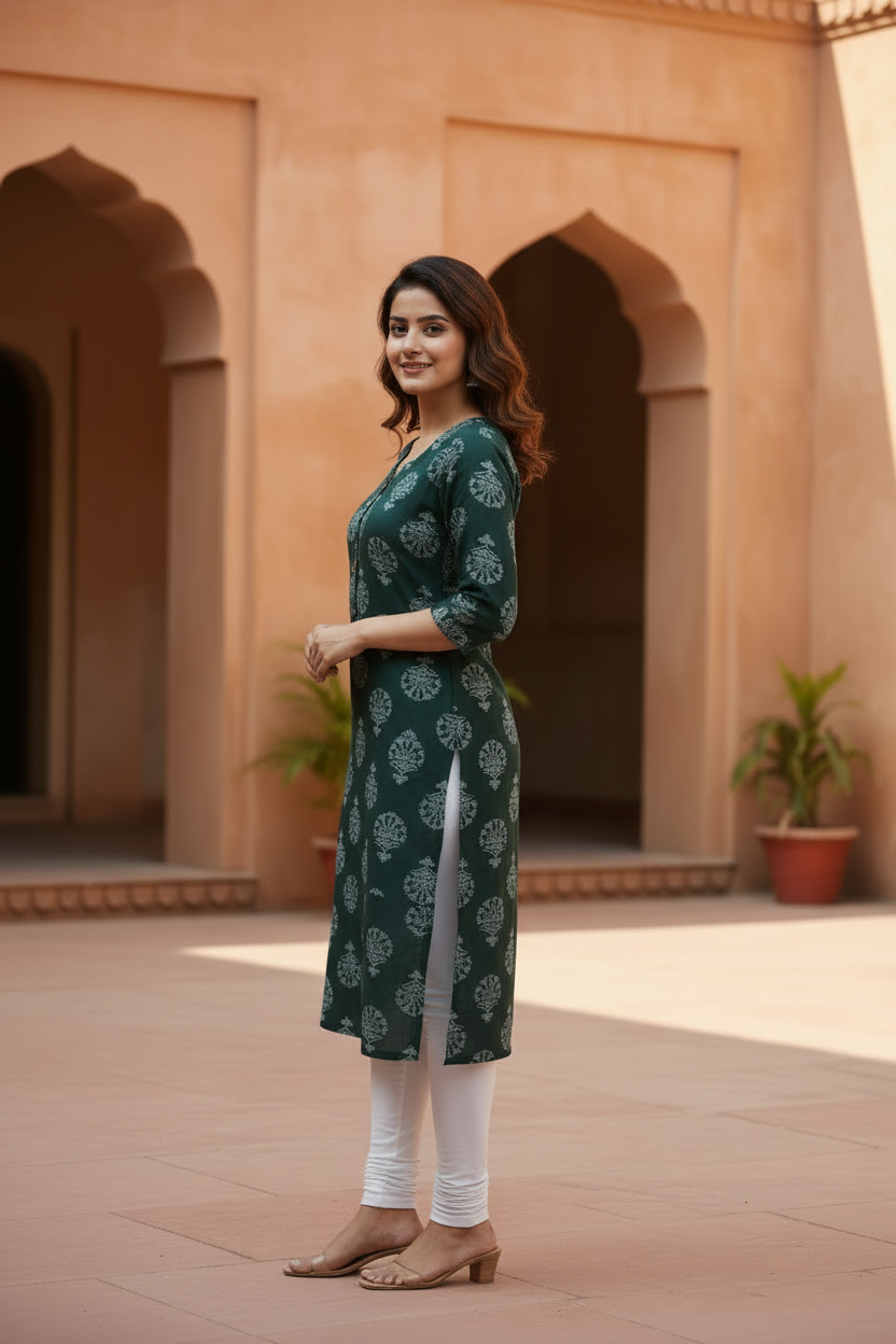 Dark Green Block Print Kurta 38" – Side