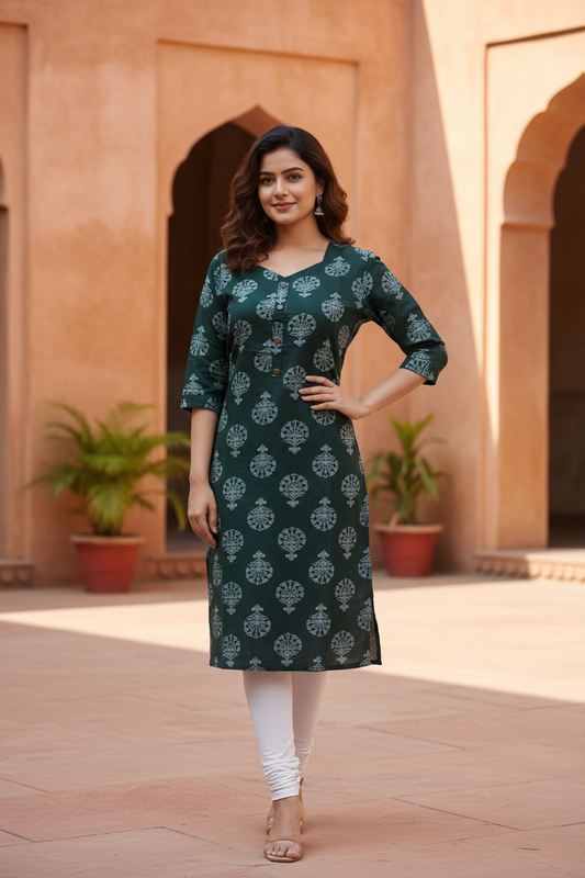 Dark Green Block Print Kurta – Lifestyle Model