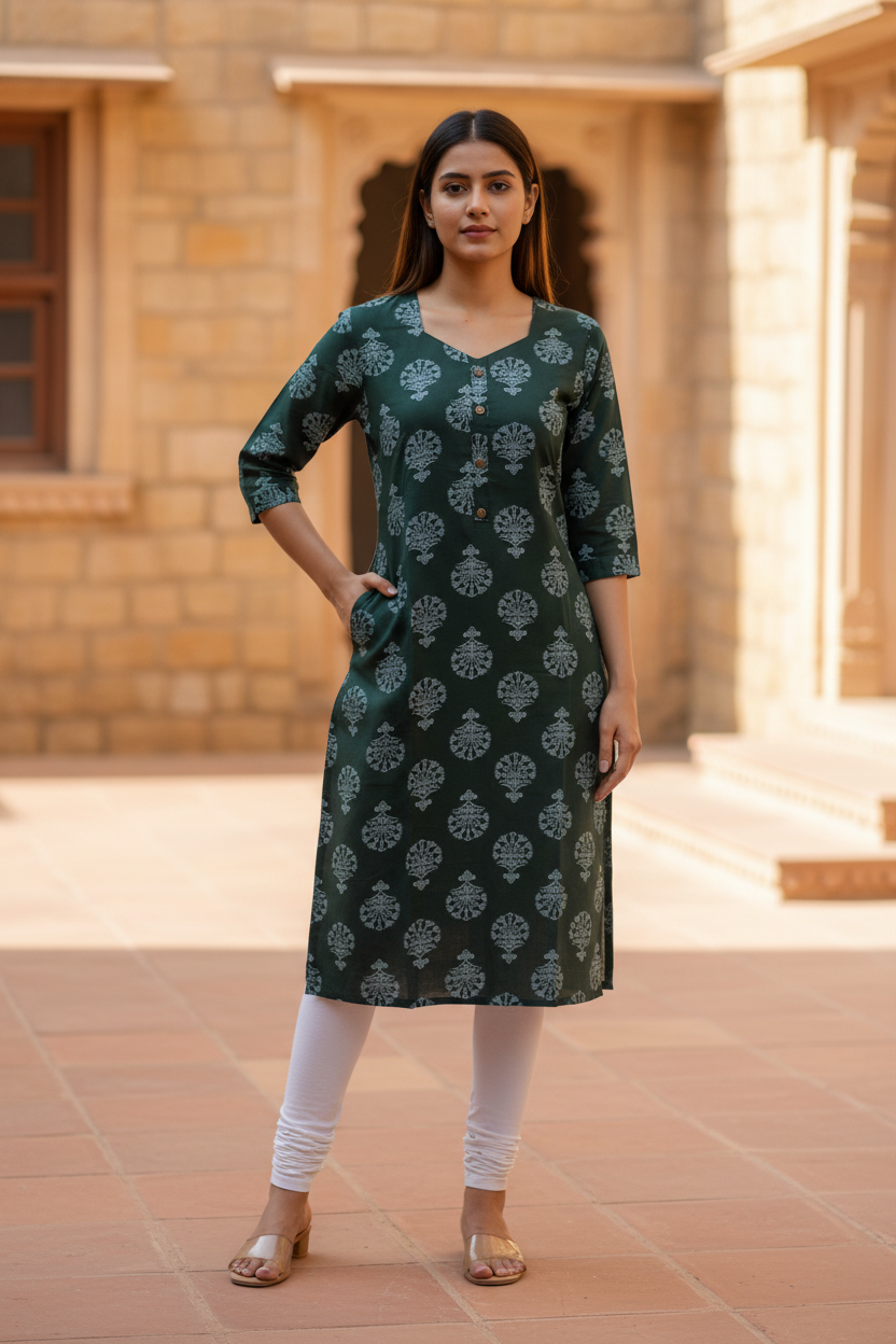 Dark Green Block Print Kurta – Viewer's Left Thumb in Pocket