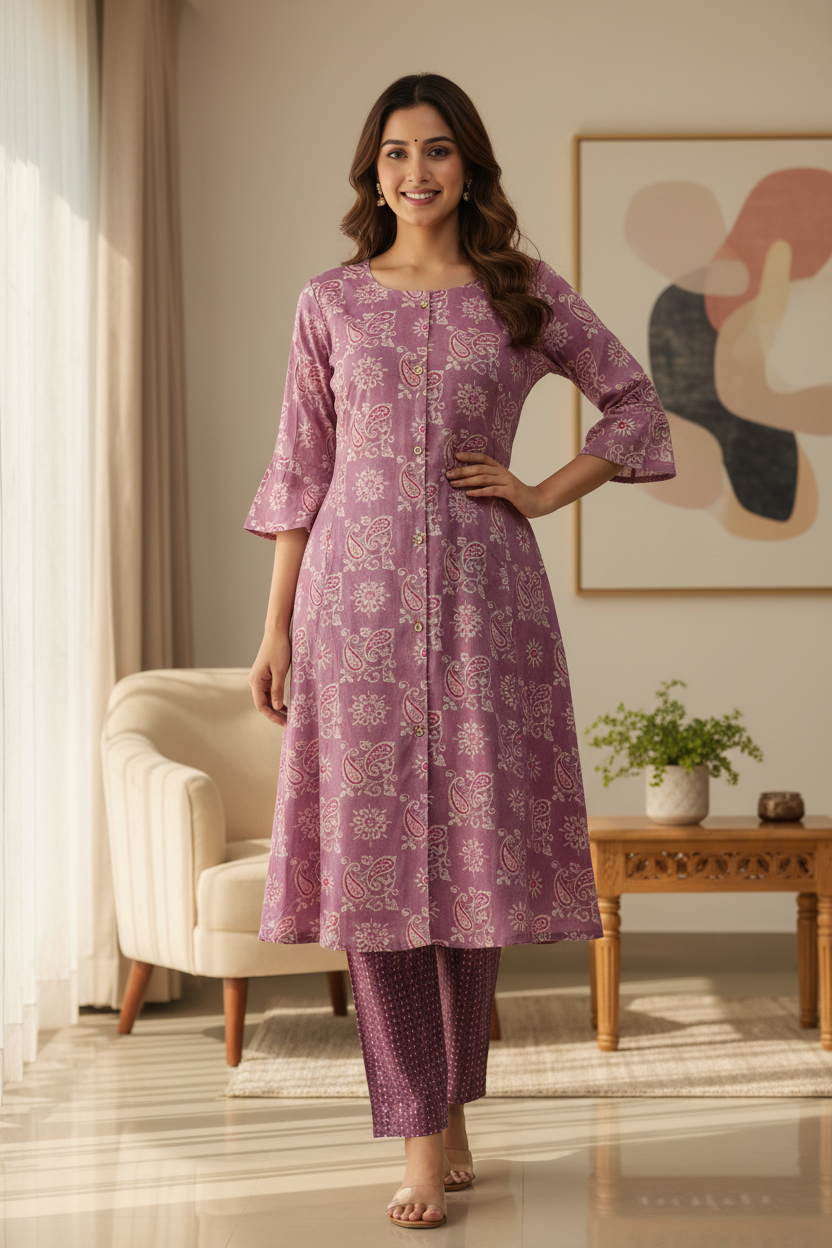 Dusty Mauve Kurta Set – Lifestyle Front View
