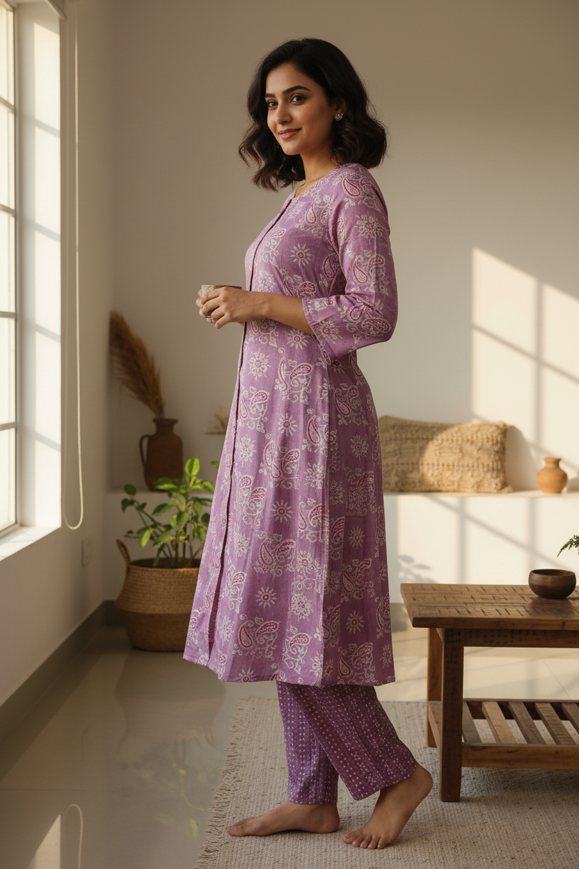 Dusty Mauve Kurta Set – Lifestyle Side View