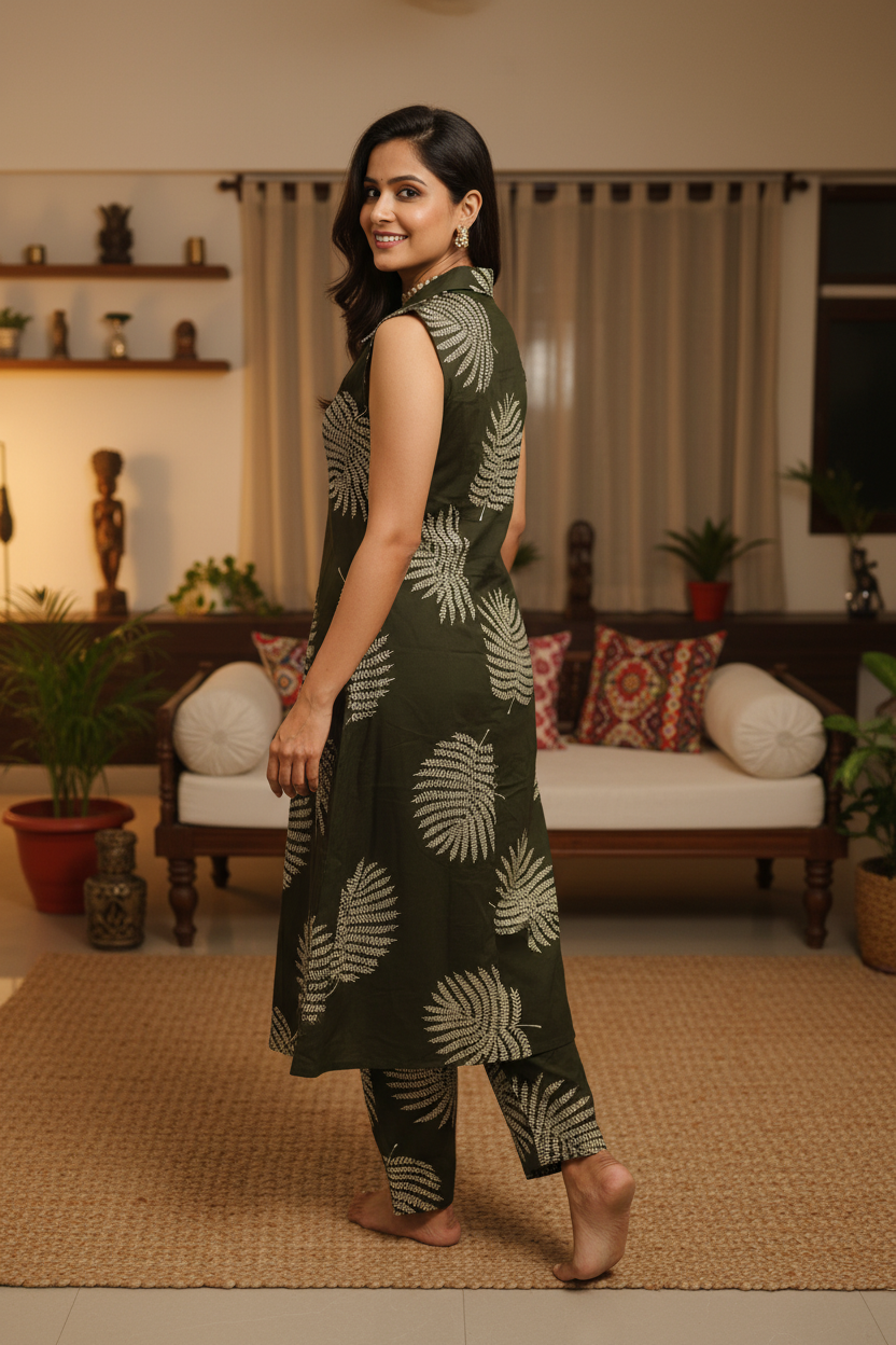 Women Dark Olive Fern Print Sleeveless Kurta & Pant Set