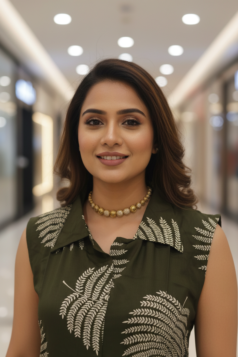 Women Dark Olive Fern Print Sleeveless Kurta & Pant Set