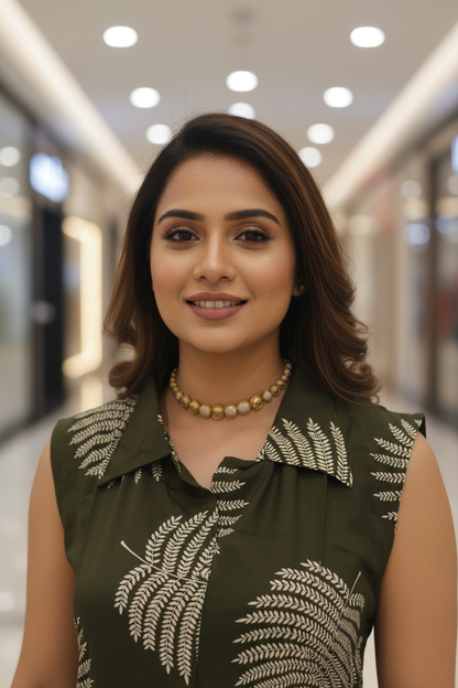 Women Dark Olive Fern Print Sleeveless Kurta & Pant Set