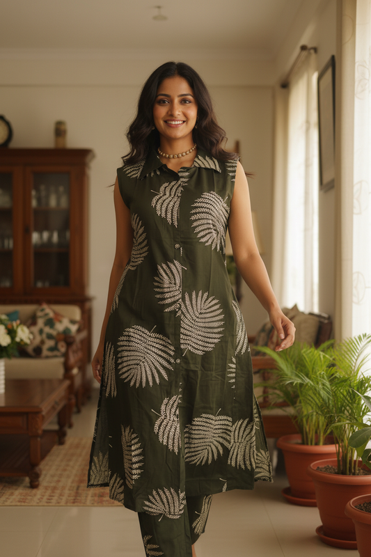 Women Dark Olive Fern Print Sleeveless Kurta & Pant Set