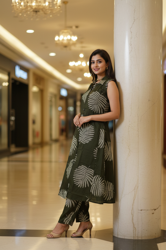 Women Dark Olive Fern Print Sleeveless Kurta & Pant Set