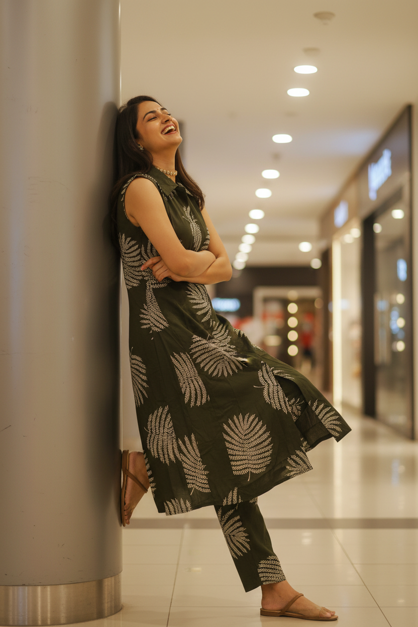 Women Dark Olive Fern Print Sleeveless Kurta & Pant Set