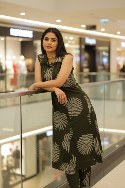 Women Dark Olive Fern Print Sleeveless Kurta & Pant Set