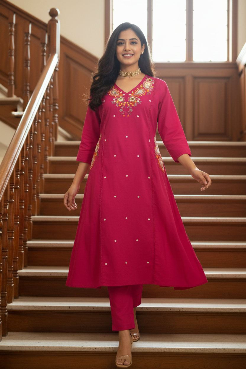 Women Rani Pink Embroidered Kurta Pant Dupatta Set