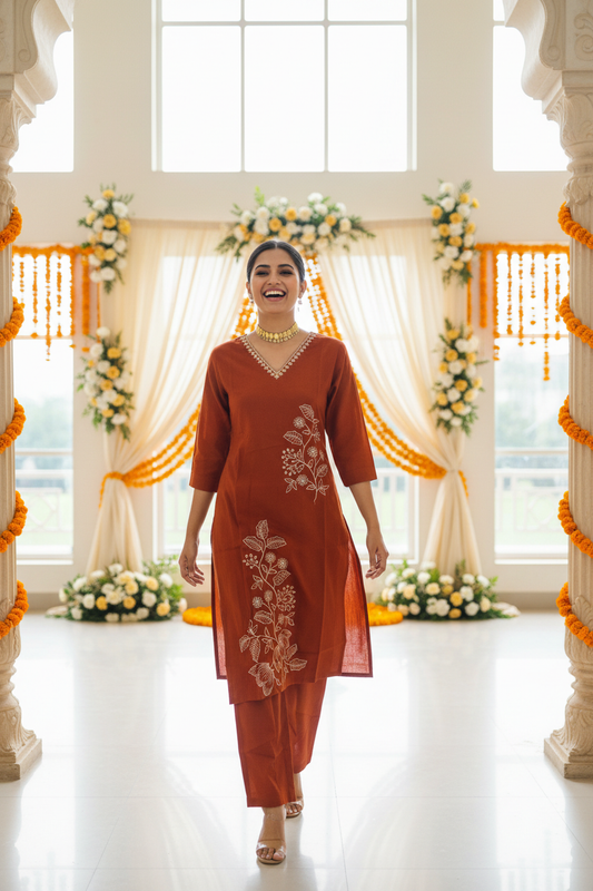Women Rust Floral Embroidered V-Neck Kurta with Straight Pants