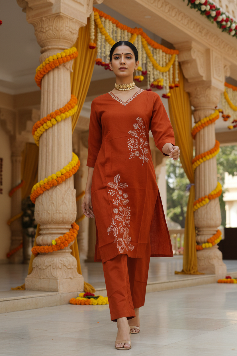 Women Rust Floral Embroidered V-Neck Kurta with Straight Pants