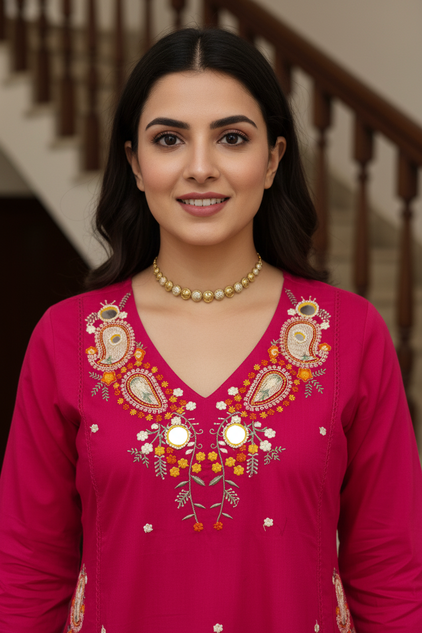 Women Rani Pink Embroidered Kurta Pant Dupatta Set