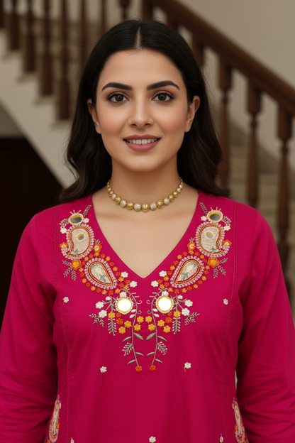 Women Rani Pink Embroidered Kurta Pant Dupatta Set