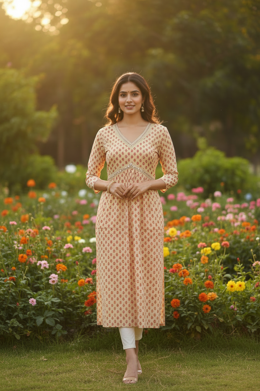 Front View – Below Knee Straight Cut Mango Print Kurta