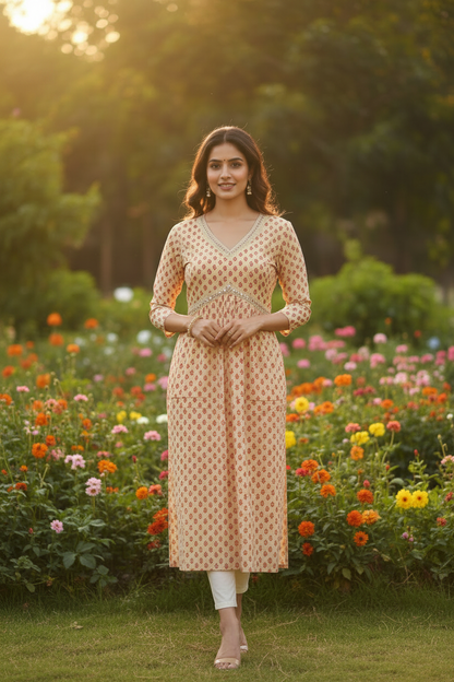 Front View – Below Knee Straight Cut Mango Print Kurta
