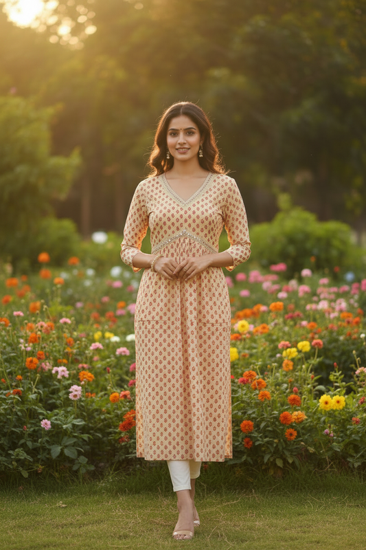 Front View – Below Knee Straight Cut Mango Print Kurta