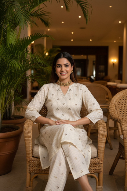 Women Ivory Floral Booti Kurta Set