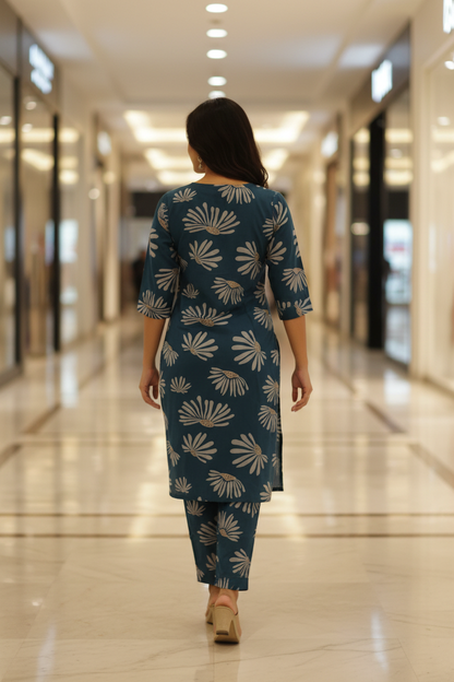 Peacock Teal Fan Bloom Straight Kurta Co-ord Set