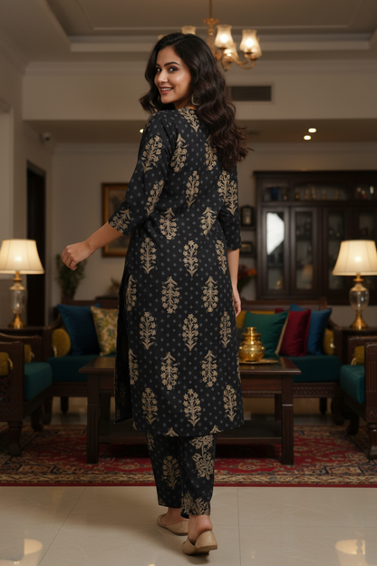 Women Black Gold Print Straight Kurta Set