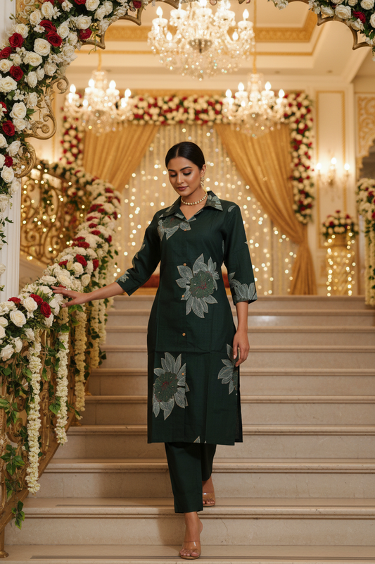 Women Green Lotus Print Straight Kurta Set