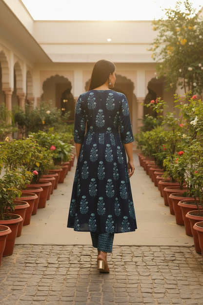 Indigo A-Line Kurta - Back View Corrected Chevron Pants