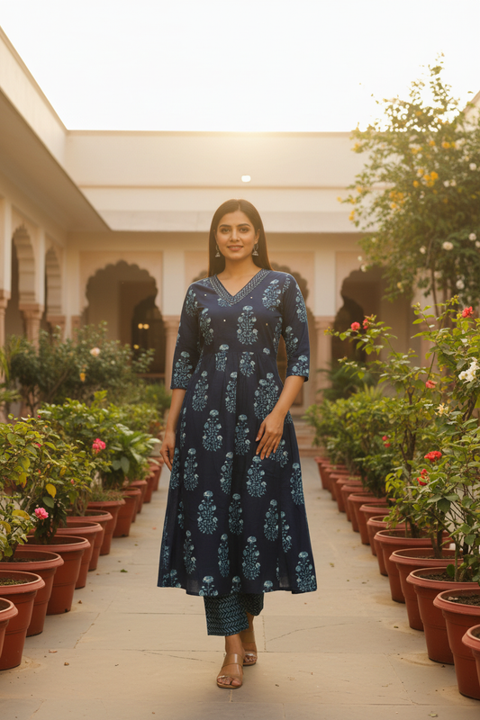 Indigo A-line Kurta - No Cuff Band Front View