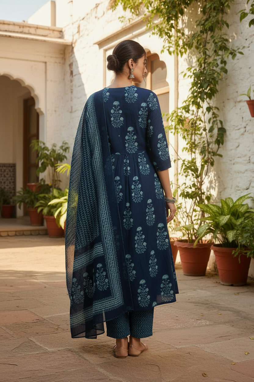 Indigo A-Line Kurta Set with Dupatta - Back View