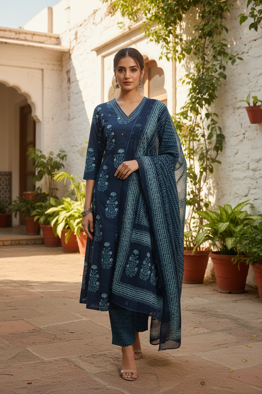Indigo A-line Kurta Set with Dupatta - Front View