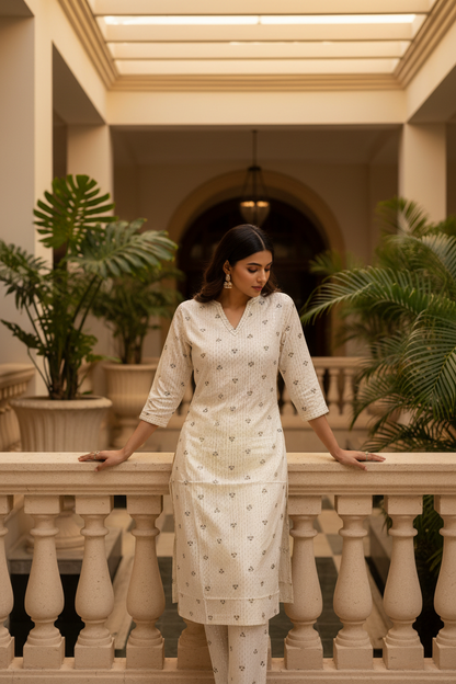Women Ivory Floral Booti Kurta Set