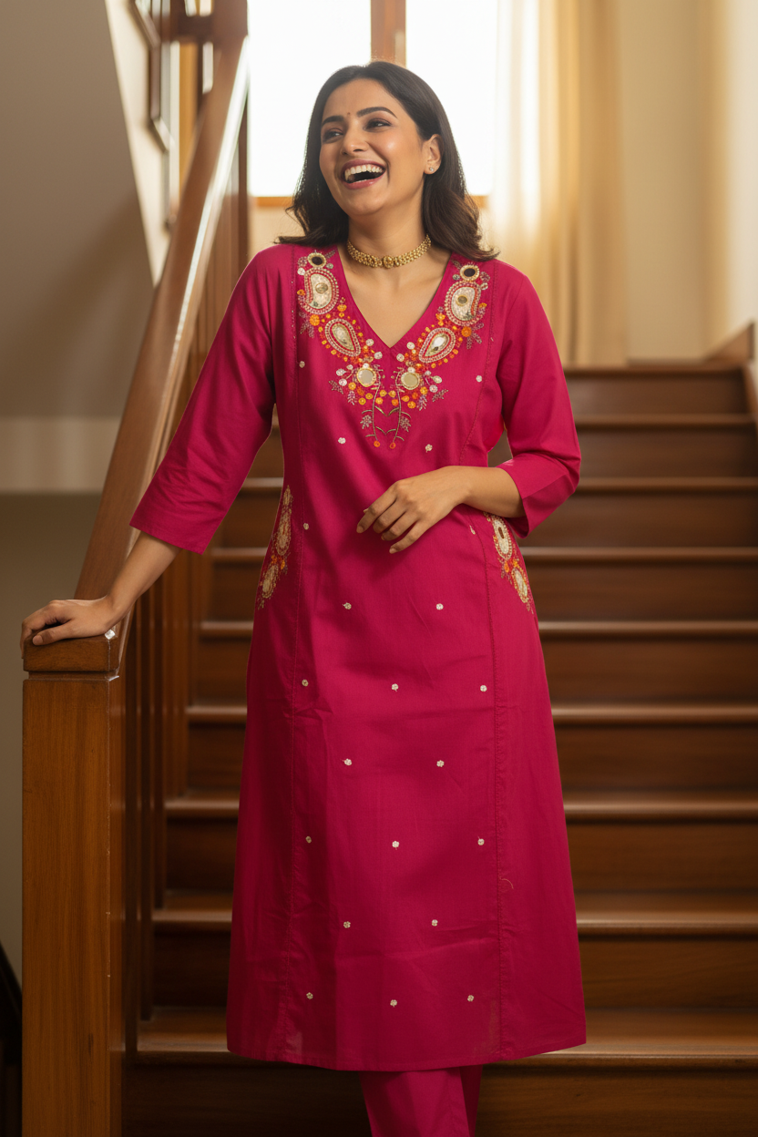 Women Rani Pink Embroidered Kurta Pant Dupatta Set
