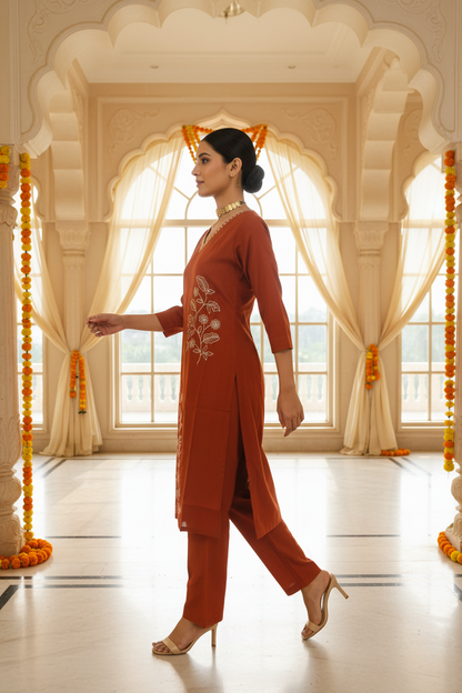 Women Rust Floral Embroidered V-Neck Kurta with Straight Pants