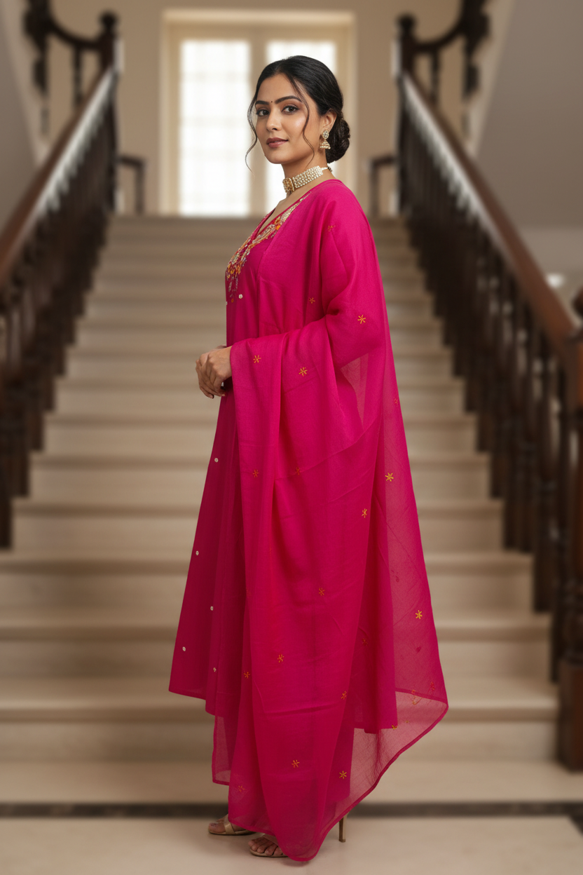 Women Rani Pink Embroidered Kurta Pant Dupatta Set