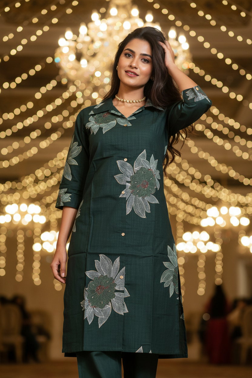 Women Green Lotus Print Straight Kurta Set