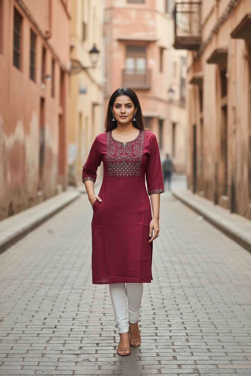 Maroon Kurta – Left Hand in Pocket, Right Hand Visible