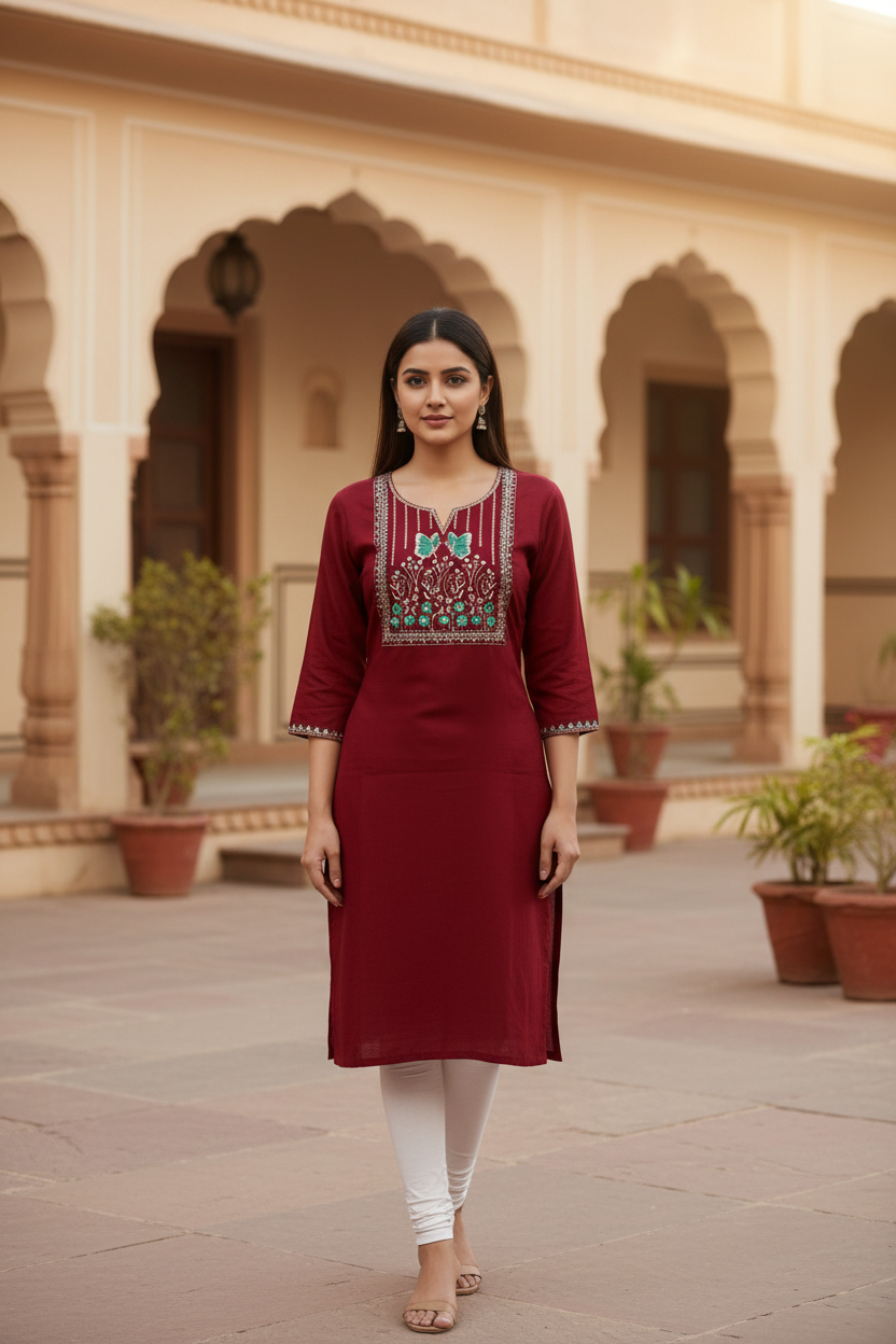 Maroon Short Kurta with White Leggings