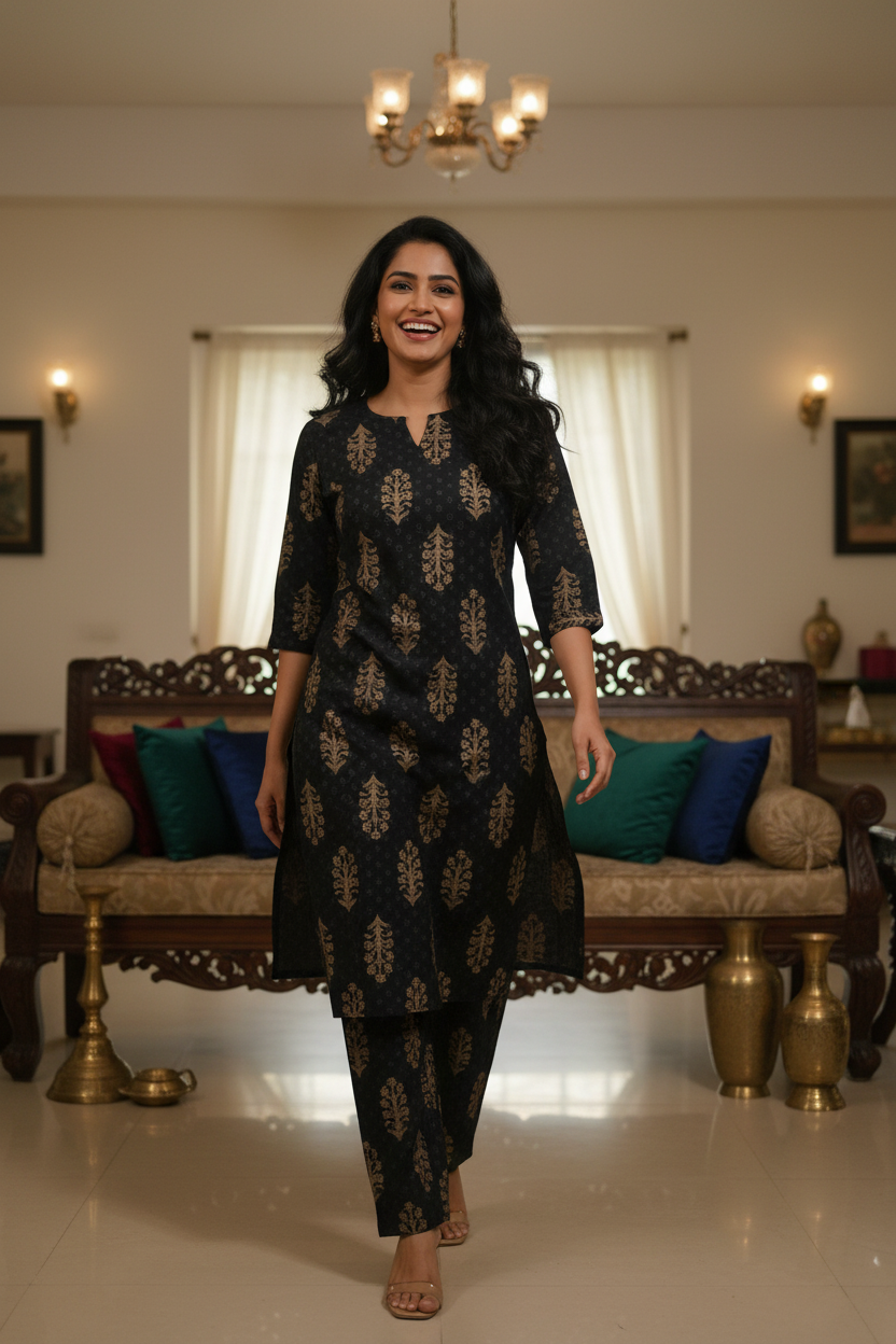 Women Black Gold Print Straight Kurta Set