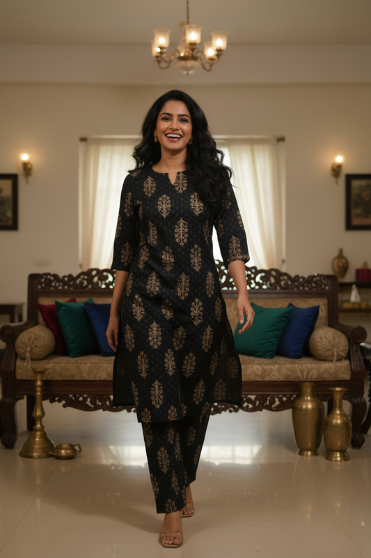 Women Black Gold Print Straight Kurta Set