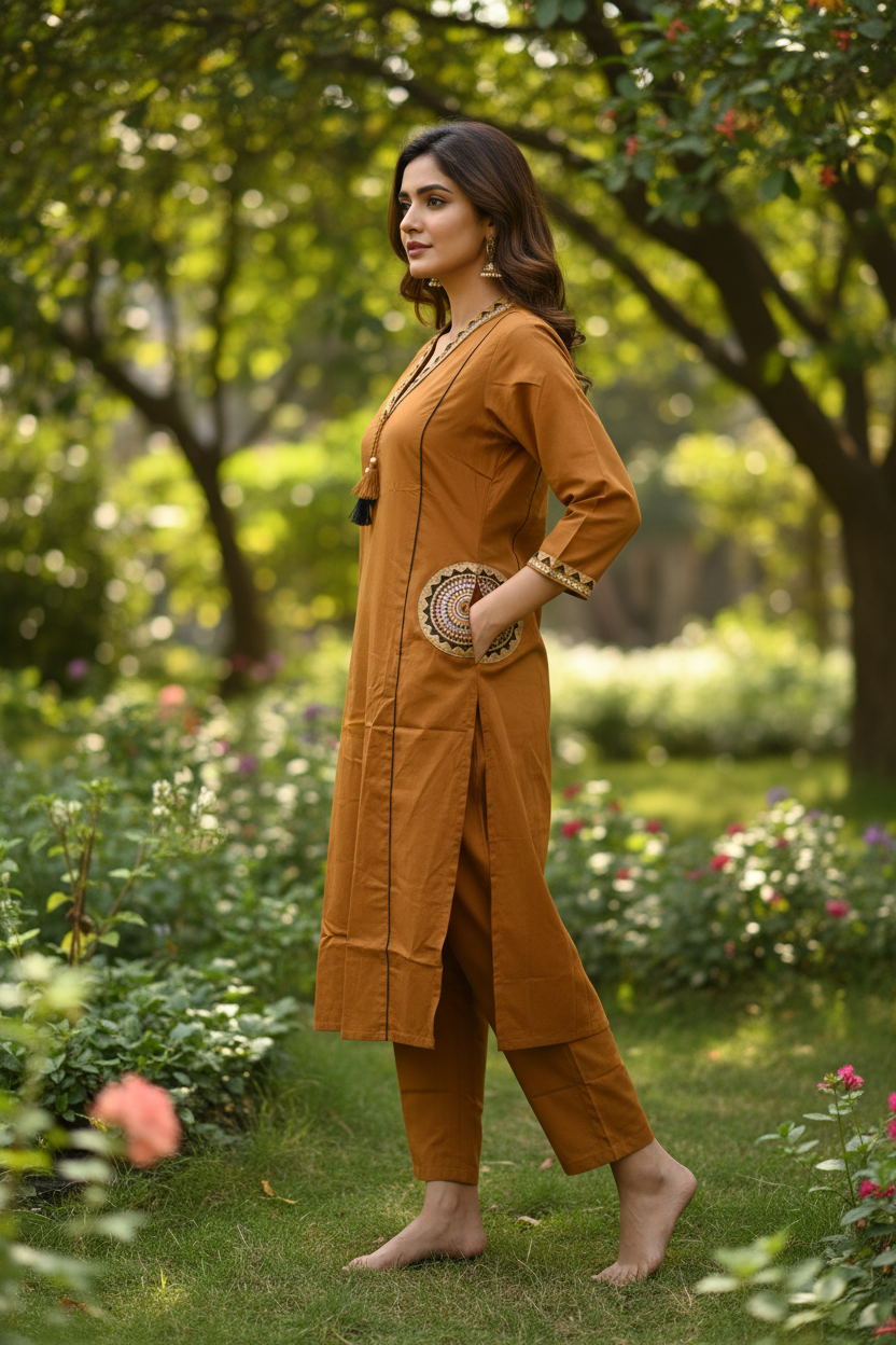 Mustard Kurta – Side View Mandala Pocket