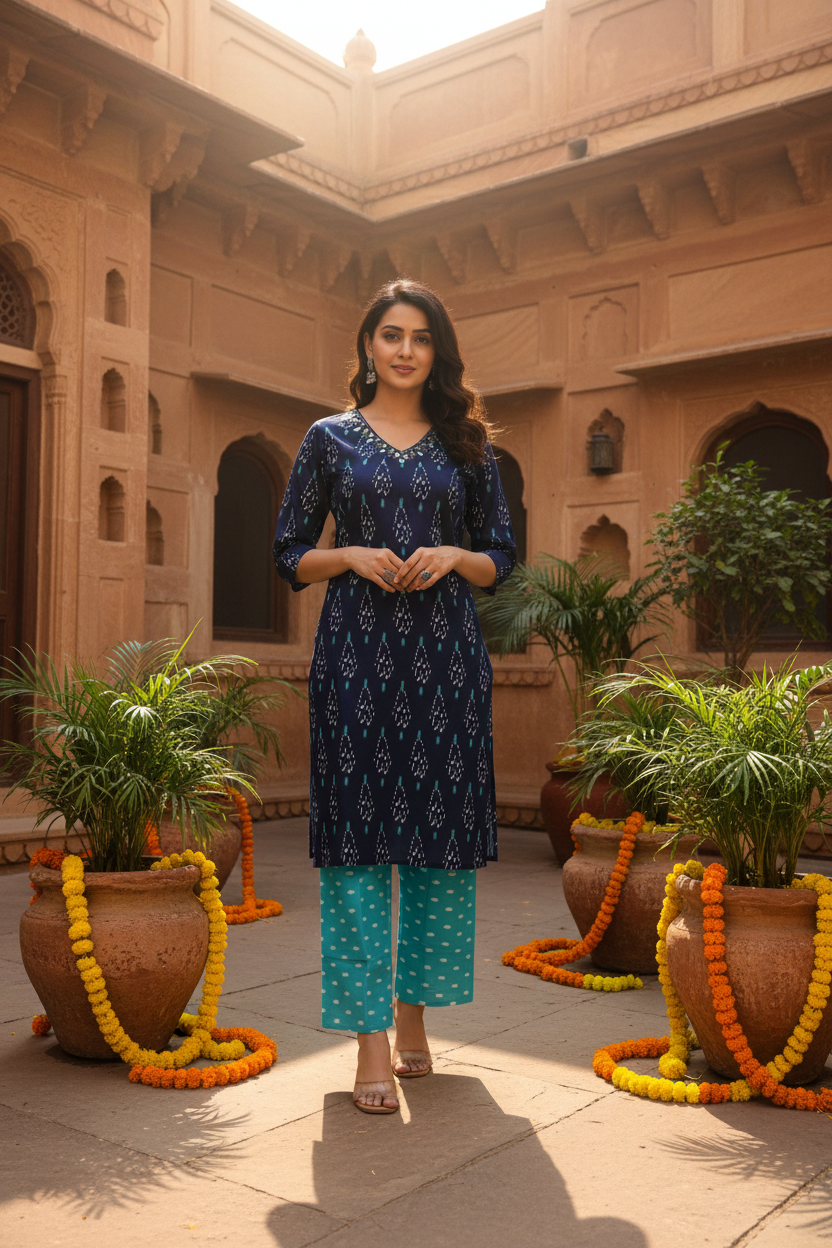 Navy Blue Ikat Kurta Set — Lifestyle