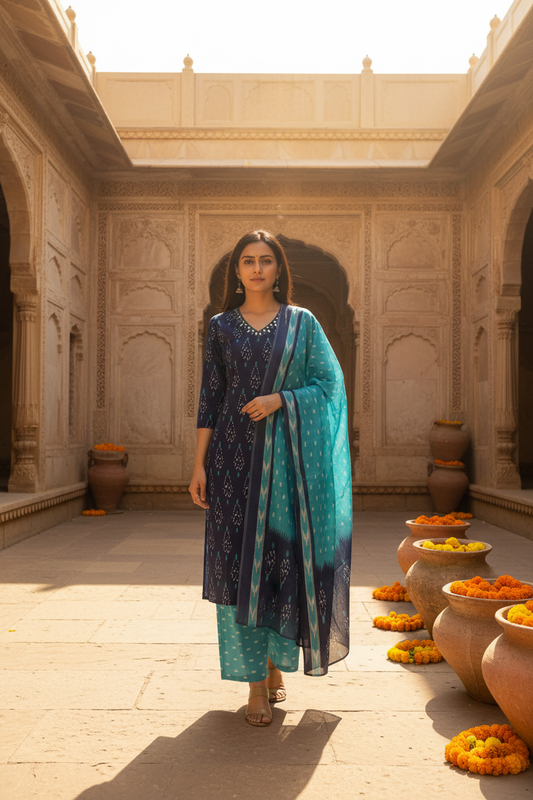Navy Ikat Kurta Set with Teal Dupatta