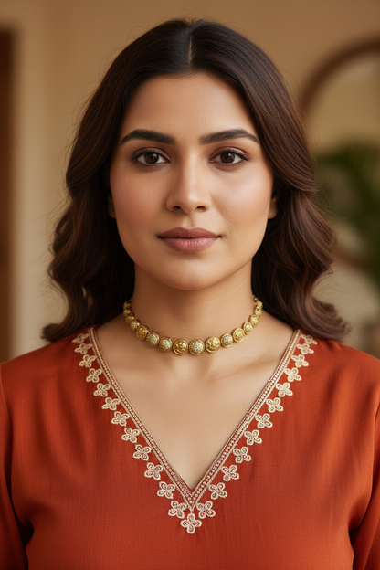 Women Rust Floral Embroidered V-Neck Kurta with Straight Pants