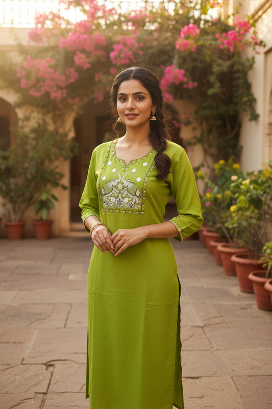 Olive Green Elephant Embroidery Kurta - Lifestyle