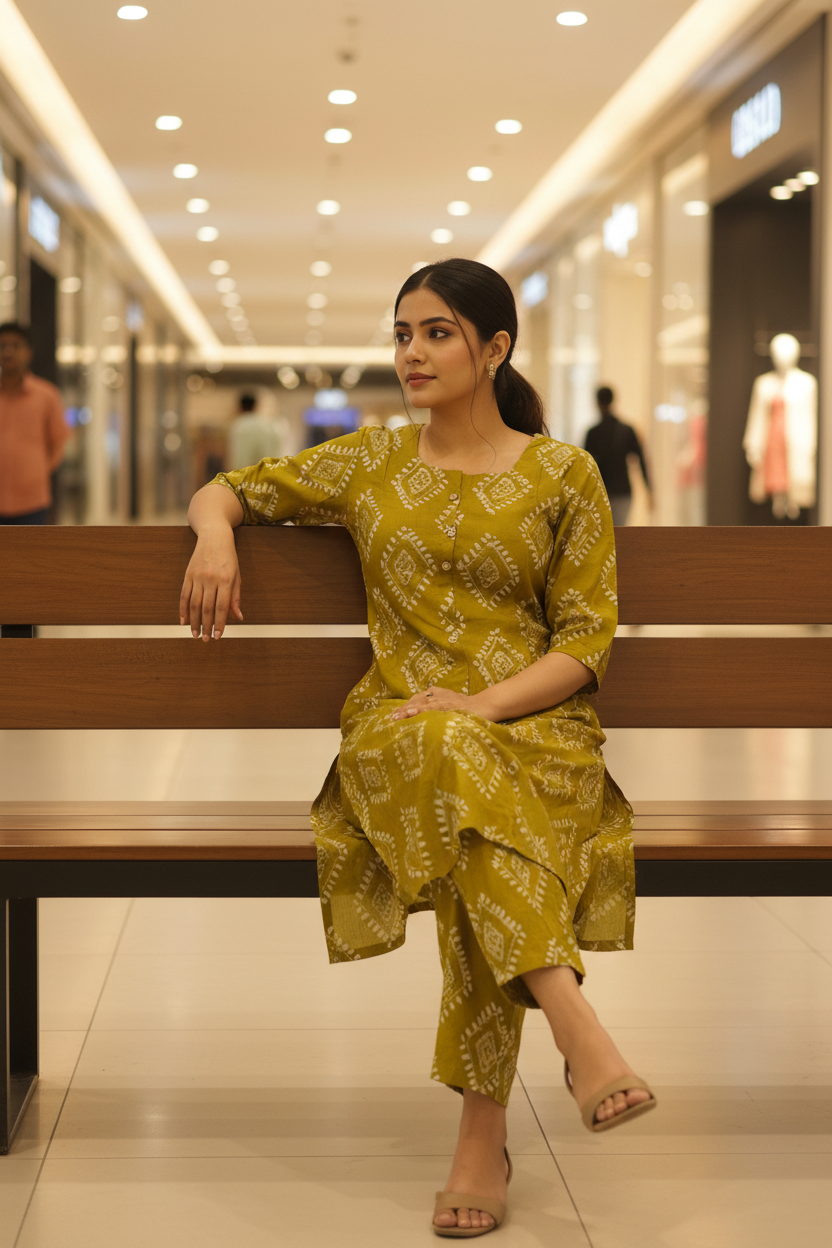 Women Olive Bloom Diamond Print Kurta Co-ord Set