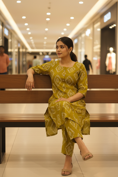 Women Olive Bloom Diamond Print Kurta Co-ord Set