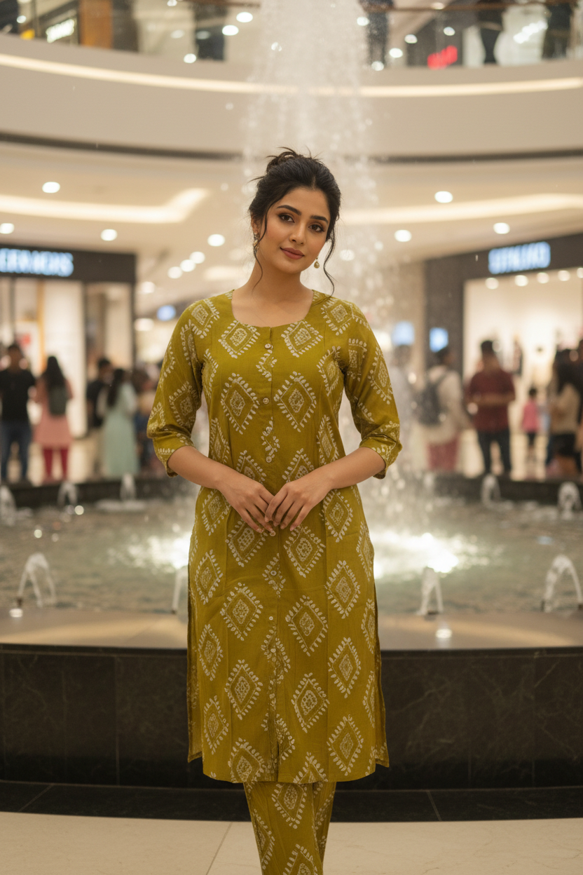 Women Olive Bloom Diamond Print Kurta Co-ord Set