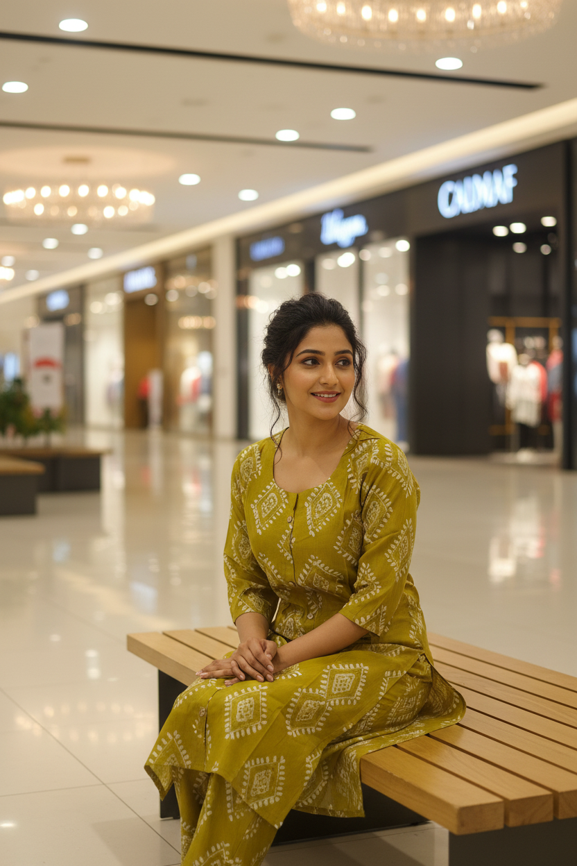 Women Olive Bloom Diamond Print Kurta Co-ord Set