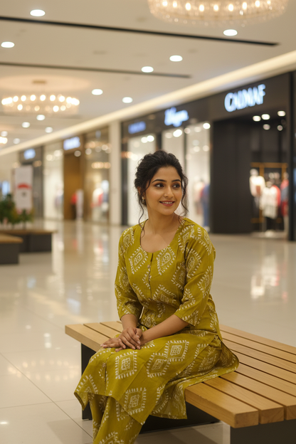 Women Olive Bloom Diamond Print Kurta Co-ord Set
