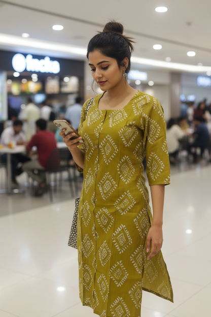 Women Olive Bloom Diamond Print Kurta Co-ord Set