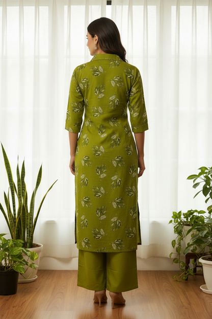 Olive Green Kurta Set - Lifestyle Back View