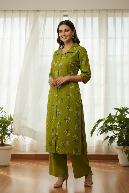 Olive Green Kurta Set - Lifestyle Front View